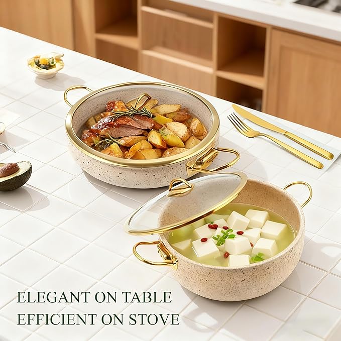Fully Clad 5-Ply Stainless Steel Cookware Set 12Pcs Nonstick Pots and Pans Set with Stay-Cool Handles Induction Compatible Stackble Design Includes with Frying Pan Saucepans and Saute Pan (Beige)