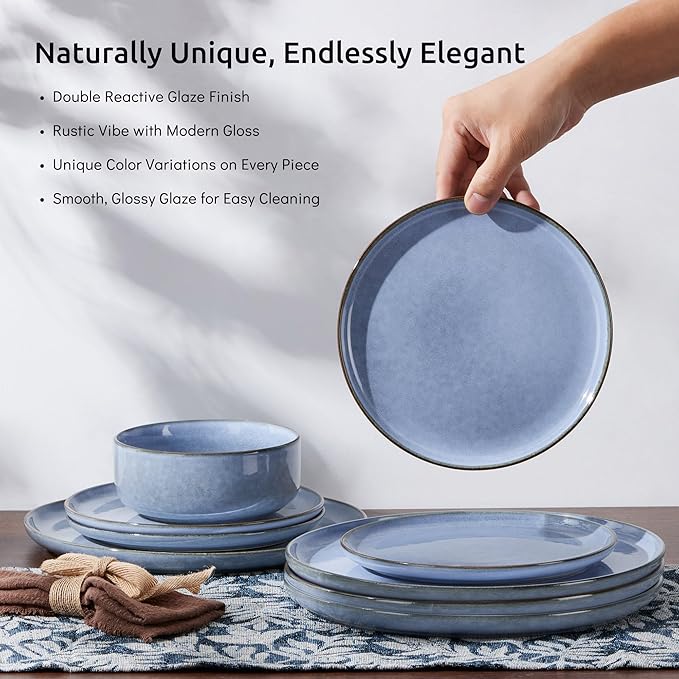 E-far 6-Piece Reactive Glaze Dinnerware Sets Ceramic Dishes Set for 2 Stoneware Plates and Bowls Dinning Ware Microwave &amp Dishwasher Safe - Ocean Blue
