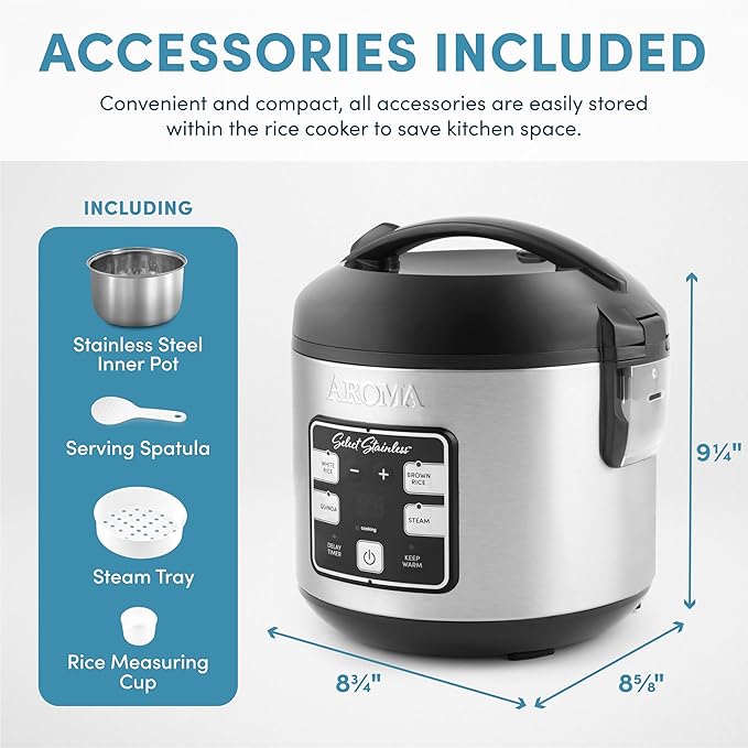 AROMA® Select Stainless® Rice Cooker 4-Cup (Uncooked) / 8-Cup (Cooked) Stainless Steel Inner Pot Multicooker Steamer 2 Qt Stainless Steel ARC-914SBDS