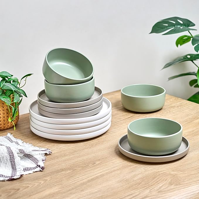 Sango 12-Piece Stoneware Dinnerware Set for 4 Satin Glazed Plates and Bowls Sets with Matte Finish Ceramic Dish Set Durable Kitchen Dishes Microwave &amp Dishwasher Safe for Casual Dining Rollo