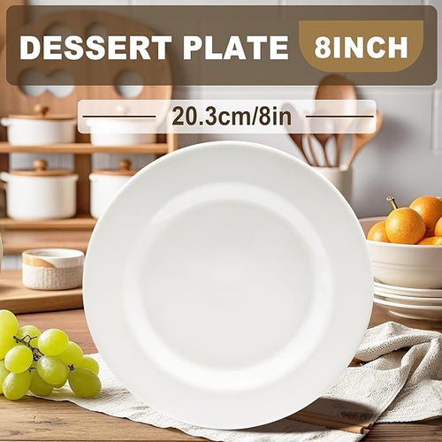 12 Sets 8 Inch Plate Set Unbreakable Lightweight Dessert Plates - White Dinner Plates Dishwasher Safe Outdoor Kitchen Kids Snack Plate Scratch Resistant Reusable Gift For Wedding Home Everyday Use