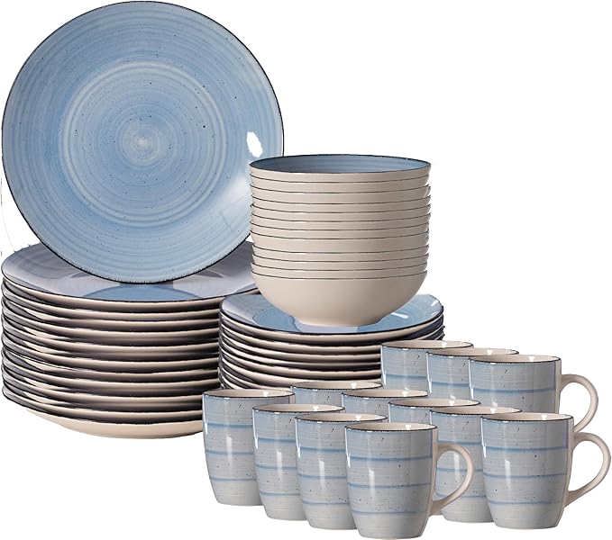 48 PC Spin Wash Dinnerware Dish Set for 12 Person | Mugs Salad and Dinner Plates and Bowls Sets Dishes with Highly Chip and Crack Resistant Dishwasher and Microwave Safe Blue