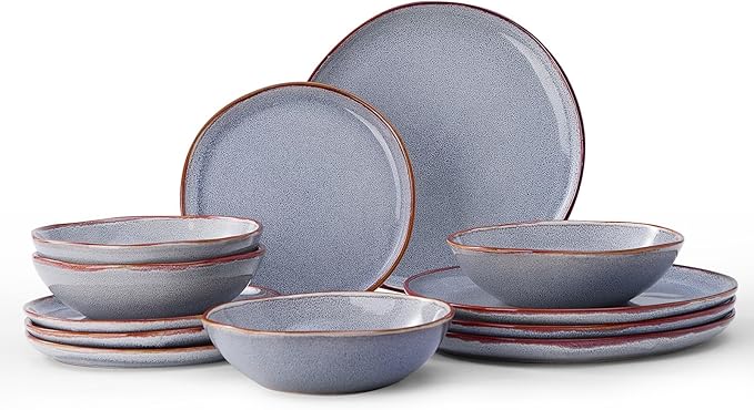 Bestone 12 Pieces Round Kitchen Dinnerware SetsPlates and Bowls SetsDishes Plates Bowls Dish Set Chip Resistant Ceramic Dinnerware Set Dishwasher/Microwave SafeService for 4Reactive Blue