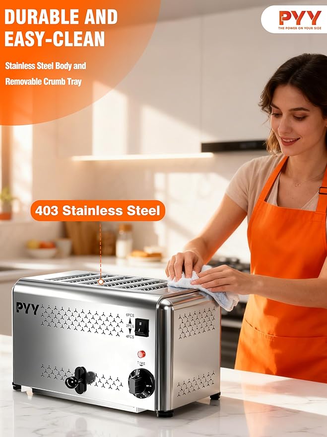PYY Commercial Toaster 6 Slices - with 2/4/6 Slice Options 180 Pcs/H 5-Level Setting Toaster with Removable Crumb Tray 1.1 inch Wide Slot for Bagel and Bread 1650W Stainless Steel for Restaurant