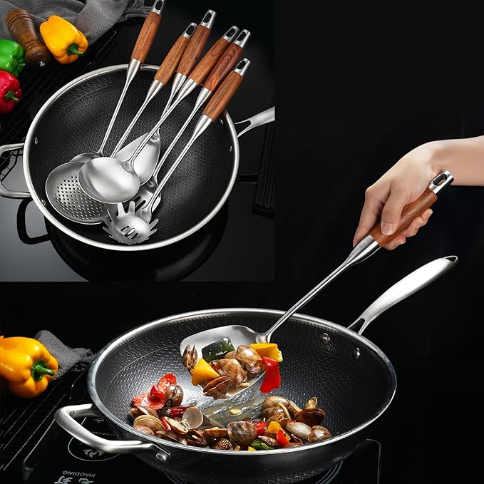 Stainless Steel Kitchen Utensils 12.5-14 Wooden Handle Metal Cooking Utensils Set 9 PCS Solid and Slotted Spoon Fork Spatula Ladle Skimmer Slotted Tunner Spaghetti Large Spoon