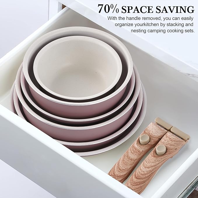 Pots and Pans Set Nonstick - YIIFEEO Kitchen Cookware Sets Detachable Handle Pot and Pan Set Removable Handle Camping Cooking Set Oven Broiler Safe 550F Non Toxic Frying Pans for Cooking Pan Set Gift