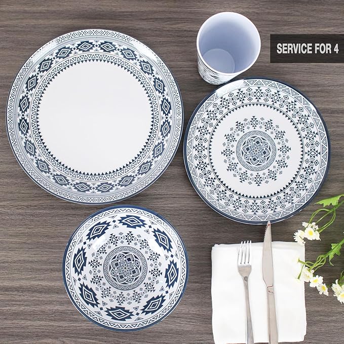 Melamine Dinnerware Set for 4-16 Pcs:Camping Dishes Set with Dinner PlatesSalad Plates Bowls and Cups.Lightweight and Unbreakable.Indoor and Outdoor Use.