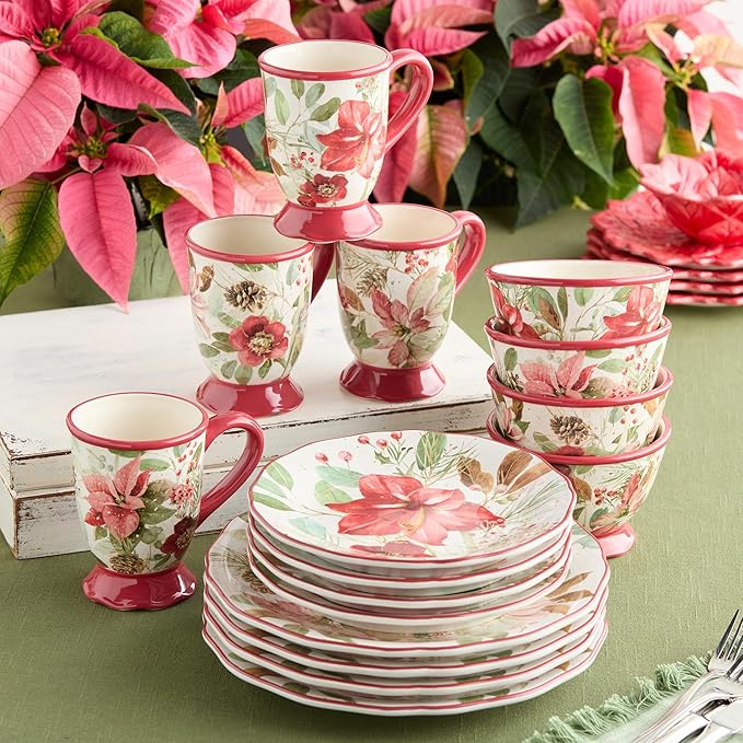 Winter Blooms 16-Piece Romantic Holiday Dinnerware Set – Elegant Floral Plates Mugs &amp Bowls for 4 – Dishwasher &amp Microwave Safe Christmas Tableware with Poinsettia Charm