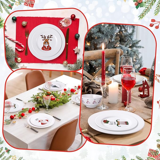 24 Pcs Christmas Melamine Dinnerware Set Service for 8 Guest 10 Dinner Plates 8 Salad Plates 3×6 Bowl Santa Snowman Reindeer Xmas Tree Festive Holiday Tableware for Family Party Gift