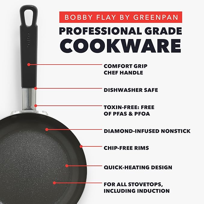 GreenPan x Bobby Flay 13 Piece Nonstick Cookware Pots and Pans Set PFAS-Free Diamond Ceramic Induction Suitable Easy Clean Dishwasher &amp Oven Safe Stay-Cool Silicone Handles Glass Lids Black