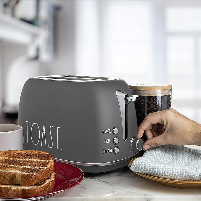 Rae Dunn Retro Rounded Bread Toaster 2 Slice Stainless Steel Toaster with Removable Crumb Tray Wide Slot with 6 Browning Levels Bagel Defrost and Cancel Options Grey