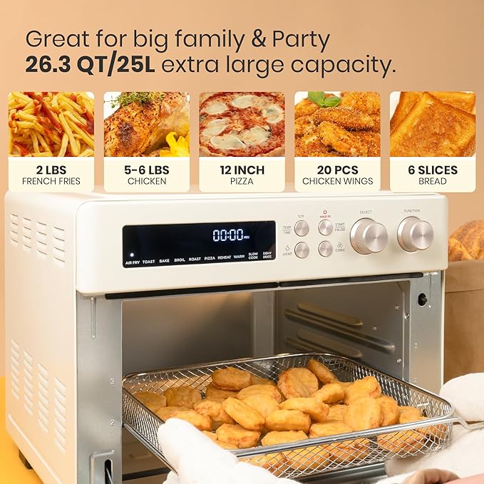 VAL CUCINA Retro Style Infrared Heating Air Fryer Toaster Oven Extra Large Countertop Convection Oven 10-in-1 Combo 6-Slice Toast Enamel Baking Pan Easy Clean with Recipe Book Almond Yellow Color