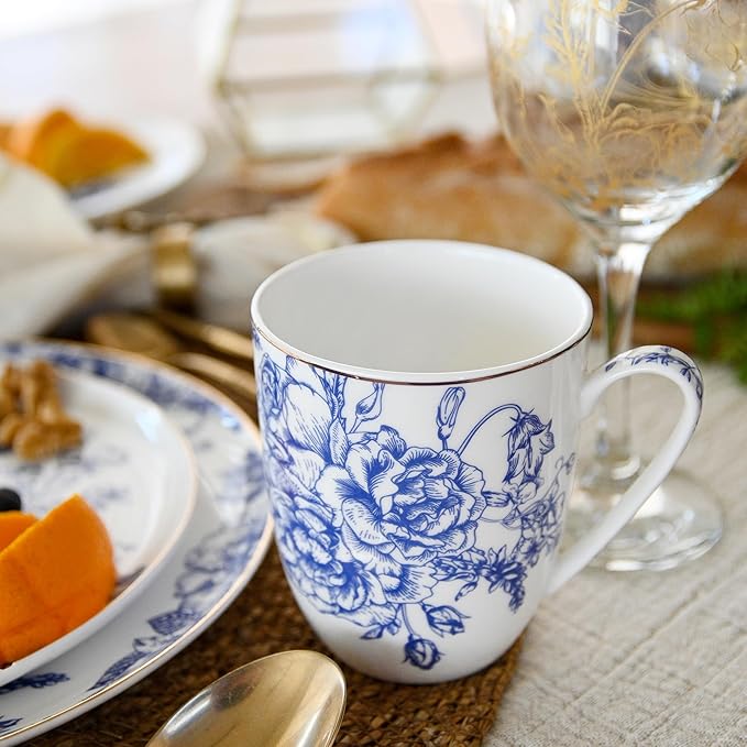 Blue Rose Plates and Bowls Sets Dishes Set for 4 Ceramic Plates and Bowls Set Service for 4 Bone China Dinnerware Set Salad Dessert Plates and Cereal Bowls Set Microwave safe by KOKEN