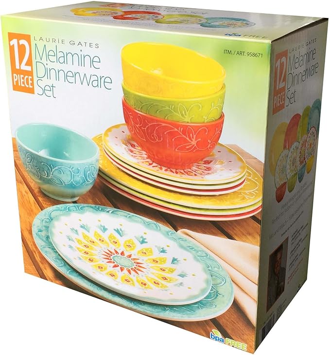 Laurie Gates - 12 Piece Melamine Dinnerware Set (Yellow &amp Orange &amp Green &amp Blue)