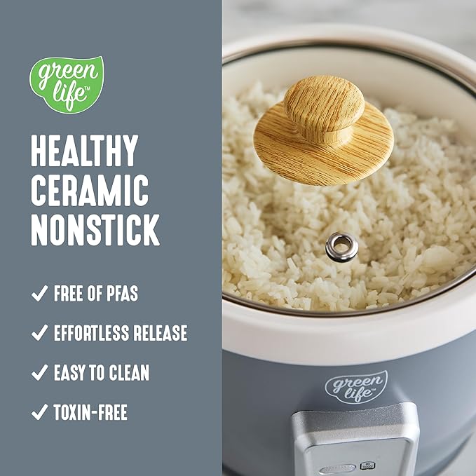 GreenLife Rice Cooker with Removable PFAS-Free Ceramic Nonstick Pot 3-Cups Uncooked/6-Cups Cooked Grains &amp Oatmeal Multicooker Compact One-Switch Design Auto Keep Warm Easy Clean Gray