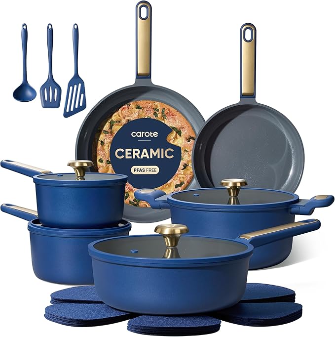 CAROTE Ceramic Cookwar Set Pots and Pan Set Non Stick 18 Piece Cookware Set Kitchen Cooking Set Non Toxic PFAS PTFE Free Blue