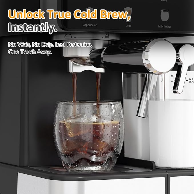 SUNVIVI Espresso Machine with Cold Brew All-in-one Iced Coffee Maker with Automatic Milk Frother LED Touchscreen 51OZ Water Tank Pressure Coffee Machine for Latte Cappucinno Self-clean Black