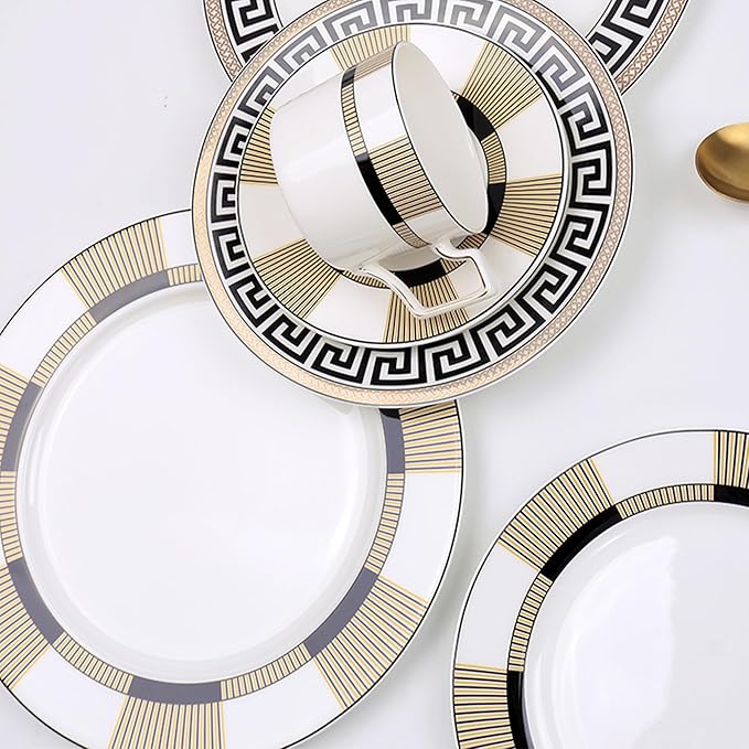 Bone China Dinnerware Set for 2 8 Pieces Premium Black Gold Striped Dinner Plate with Teacup and Saucer Luxury Plate Set for Brunch Wedding Housewarming and Special Occasions