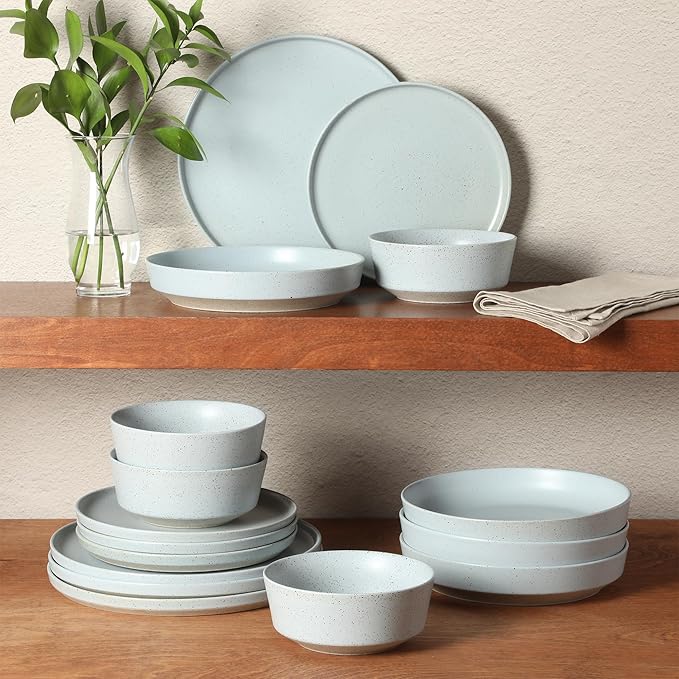 Gibson Elite Overbrook 16-Piece Pottery Clay Stoneware Dinnerware Set – Light Blue Reactive Glaze Stackable Plates and Bowls w/Pasta Bowl Service for 4 – Microwave &amp Dishwasher Safe