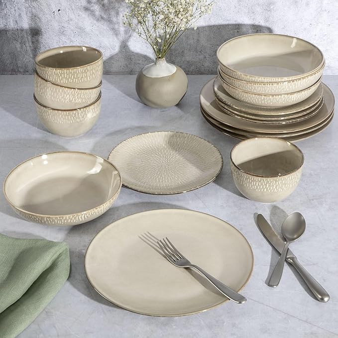 16 Piece Stoneware Dinnerware Set – Reactive Glaze Plates and Bowls Hand-Painted Artisan Design Dishwasher &amp Microwave Safe Service for 4 (Cream)