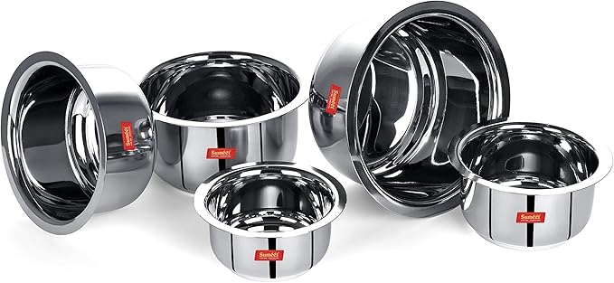 Sumeet Stainless Steel Friendly Tope/patila/cookware 370ML 550ML 800ML 1100ML1400ML 5 Piece (Steel)