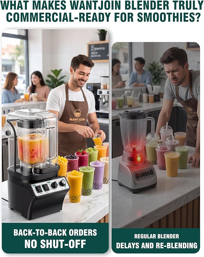 WantJoin Commercial Blender- 80Oz Quiet Smoothie Blender with Soundproof Shield Professional Ice Crusher Heavy Duty with Self-Cleaning High-speed Ice Drink Maker for Restaurant Bars Café Home