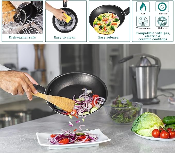 7-Piece Non-Stick Aluminium Pots and Pans Set Black - Scratch-Resistant Cookware Fast Heating &amp Non-Toxic for Daily Cooking
