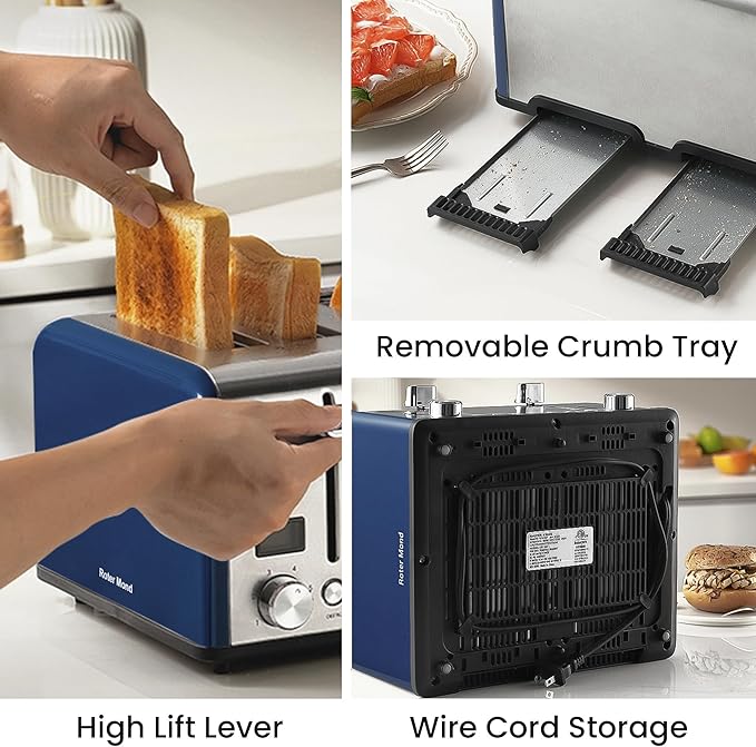 Roter Mond Countdown Stainless Steel 4 Slice Toaster with Bagel Defrost Cancel Function Dual Toaster Extra Wide Slots 6 Shade Settings Removable Crumb Trays 1650W Blue