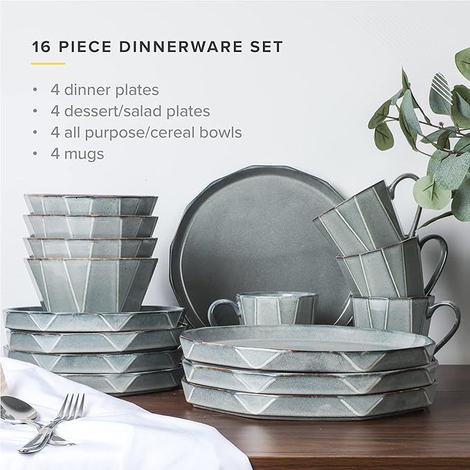 TABLE 12 16-Piece Dinnerware Set Stonewashed Dinnerware Set for 4 Including Dinner Plates Dessert &amp Salad Plates Bowls Mugs Modern Kitchen Set
