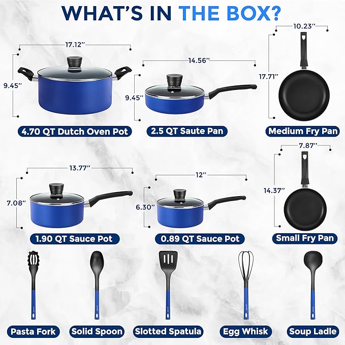 SereneLife 15-Pc Blue Nonstick Cookware Set Heat-Resistant Pots &amp Pans Set with Lids Dishwasher Safe Includes Matching Utensils