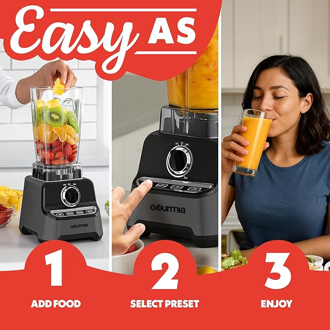 Gourmia Countertop Commercial Blender – 2L BPA-Free Pitcher 4 Presets 1500W High-Speed Motor 45000 RPM Variable Speed Dial Built-In Tamper Dishwasher-Safe Parts Black