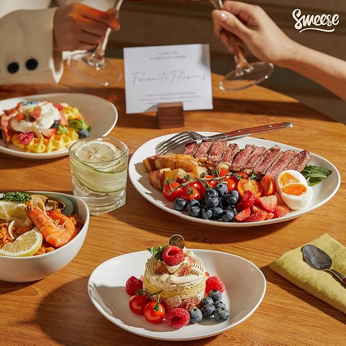 Sweese 18-Piece Dinnerware Sets for 6 Porcelain Plates and Bowls Set Scratch Resistant Dishes Microwave and Oven Safe Dishware Snow White