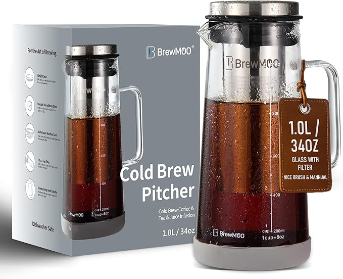 Cold Brew Coffee Maker Pitcher 1.0L/34Oz Airtight Borosilicate Glass Carafe with 150 Mesh Precision Filter | Barista Grade Iced Coffee Maker Integrated Glass Handle &amp Non Slip Base (Grey)