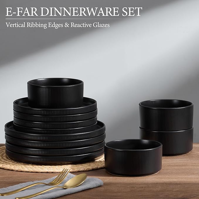 E-far 24-Piece Stoneware Dinnerware Sets Plates and Bowls Sets for 8 Kitchen Dinning Porcelain Ribbed Dishes Set Chip &amp Scratch Resistant Dishwasher &amp Microwave Safe Matte Black