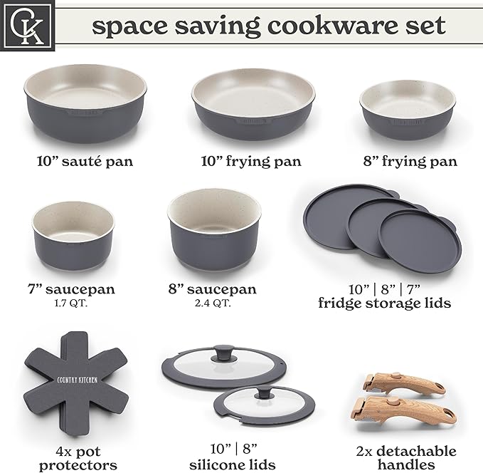 Country Kitchen Cookware Set with Removable Handle Oven &amp RV Safe Pots and Pans Set Grey/Ivory Wood Handle Original