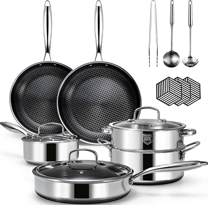 15 Piece Pots and Pans Set Nonstick Tri-Ply Stainless Steel Cookware Set Oven Safe PFOA/PTFE Free Dishwasher Safe Compatible with All Cooktops