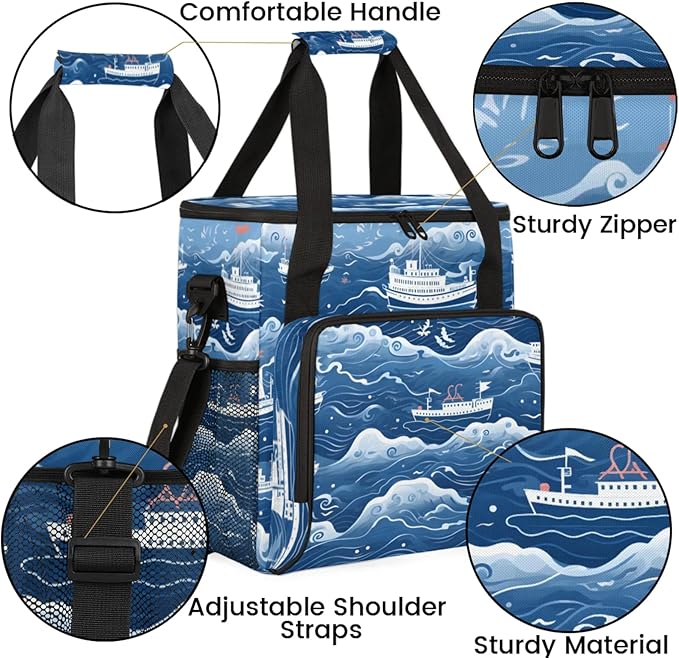 Ocean Ship Print Coffee Maker Travel Bag for Keurig K-Mini/K-Mini Plus Insulated Waterproof Tote with Pockets for K-Cup Portable Single-Serve Brewer Case
