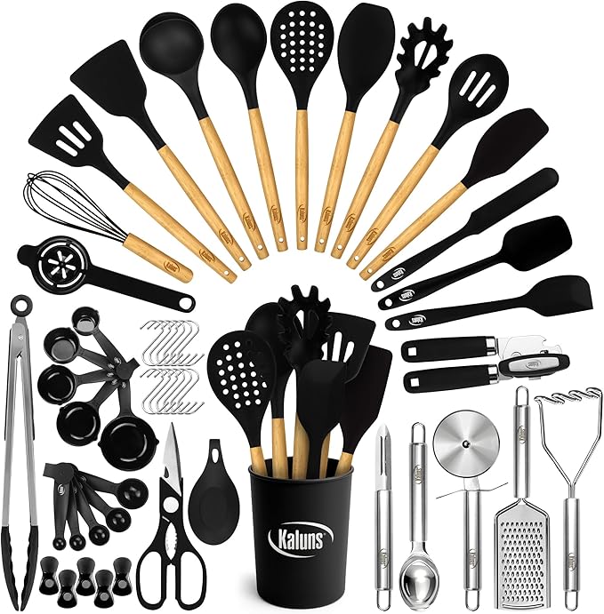 Kaluns 50 PCS Silicone Kitchen Utensils Set Complete Kitchen Set - 800°F Heat Resistant Non-Stick Premium Cooking Utensils W Wooden Handles - Can Opener Masher Turner Silicone Spatula Set