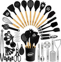 Kaluns 50 PCS Silicone Kitchen Utensils Set Complete Kitchen Set - 800°F Heat Resistant Non-Stick Premium Cooking Utensils W Wooden Handles - Can Opener Masher Turner Silicone Spatula Set