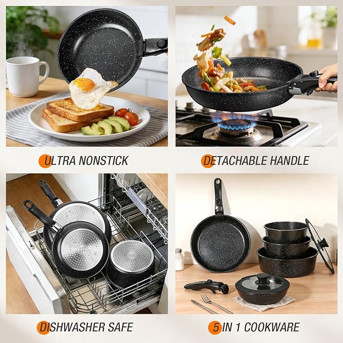 pots and Pans Set Nonstick Cookware Set Detachable Handle Induction Kitchen Cookware Sets with Removable Handle Non Stick RV Cookware Set Dishwasher ＆ Oven Safe (21 PCS)