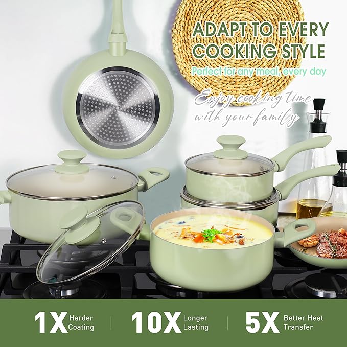 Clockitchen Ceramic Nonstick Cookware Set 10-piece Non-Toxic Cooking Pots and Pans Set Induction Stovetops Compatibility Green Kitchenware for Healthy Cooking