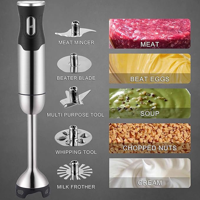 BergHOFF X5 Pro Handheld Food Processor with Grinder Immersion Hand Blender with Attachments 16 Speeds Titanium Blades for Smoothies Baby Food Soup