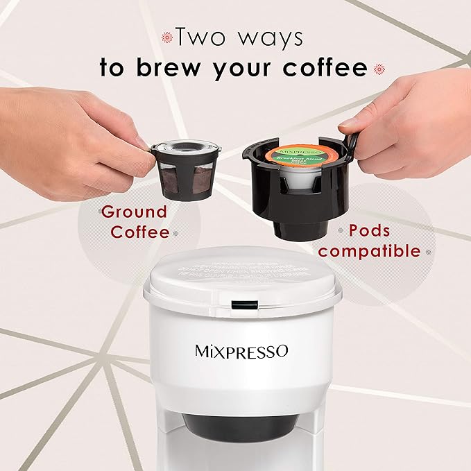 Mixpresso 2-in-1 Single Serve Coffee Maker - K-Cup &amp Ground Coffee Compatible - Fast 2-3 Min Brewing - Compact 14oz White Coffee Machine for Home Office