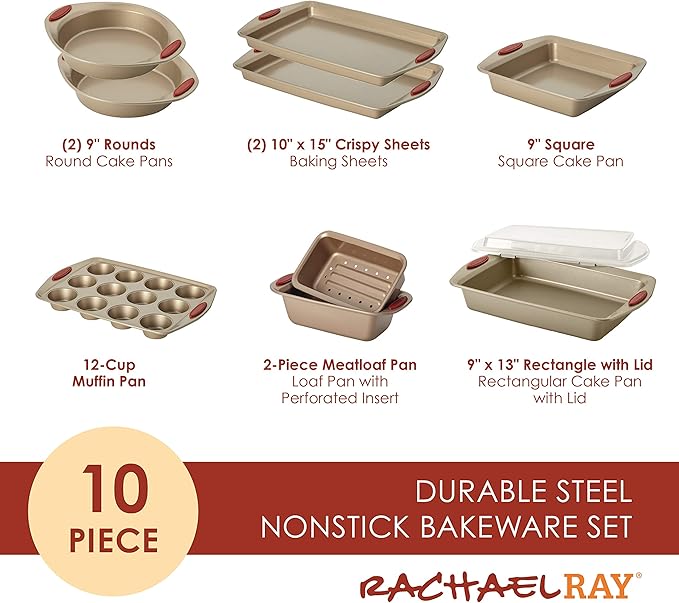 Rachael Ray Cucina Dishwasher Safe Hard Anodized Nonstick Cookware Pots and Pans Set 12 Piece Gray with Orange Handles &amp Cucina Nonstick Bakeware Set 10 Piece Latte Brown with Cranberry Red Gr