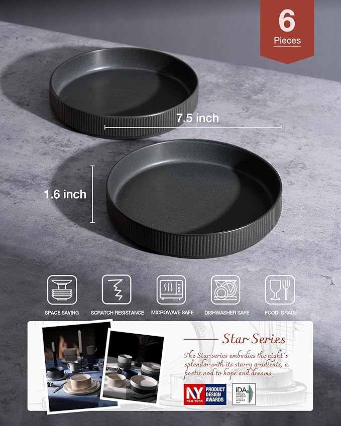 Famiware Star Dinnerware Set with Plates and Bowls Service for 6 (24-Piece) Stoneware Kitchen Dishes Dinner Sets - Matte Dark Charcoal