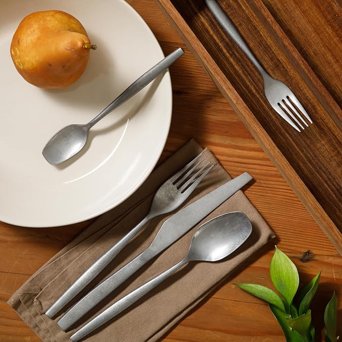 Bloomhouse - Two Time Oprah's Favorite Things Winner - 20 Piece Stone Washed Flatware 18/10 Stainless Steel Silverware Cutlery Utensil Set With Acacia Wood Caddy - Service for 4
