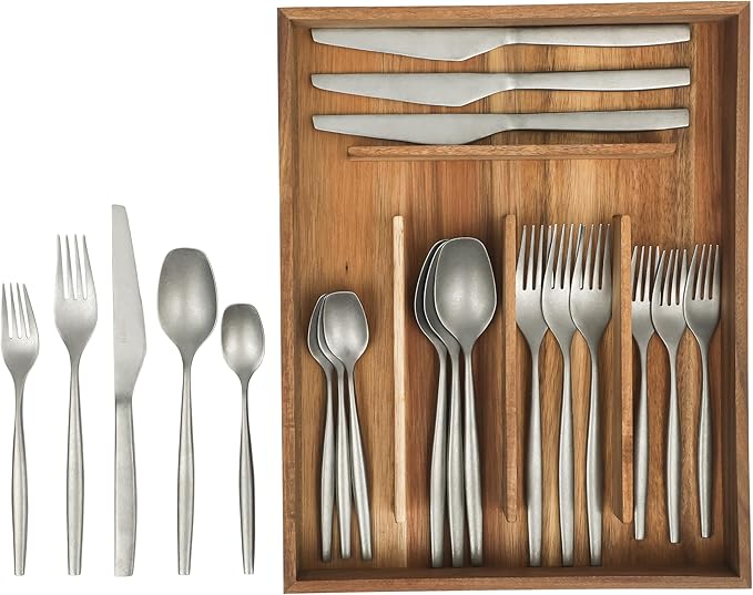 Bloomhouse - Two Time Oprah's Favorite Things Winner - 20 Piece Stone Washed Flatware 18/10 Stainless Steel Silverware Cutlery Utensil Set With Acacia Wood Caddy - Service for 4