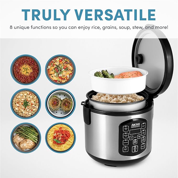 AROMA Professional Digital Rice Cooker Multicooker 4-Cup (Uncooked) / 8-Cup (Cooked) Steamer Slow Cooker Oatmeal Cooker STS Auto Keep Warm 2 Qt Stainless Steel Exterior ARC-954SBD