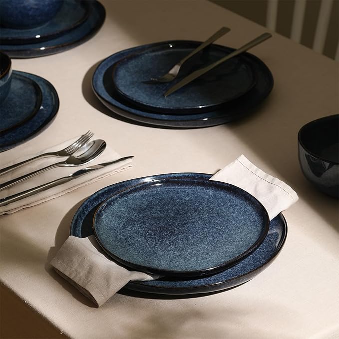 Stone Lain Mirella 24-Piece Stoneware Dinnerware Set Service for 8 – Reactive Glaze Deep Blue – Includes Dinner Plates Salad Plates and Bowls – Modern Organic Design