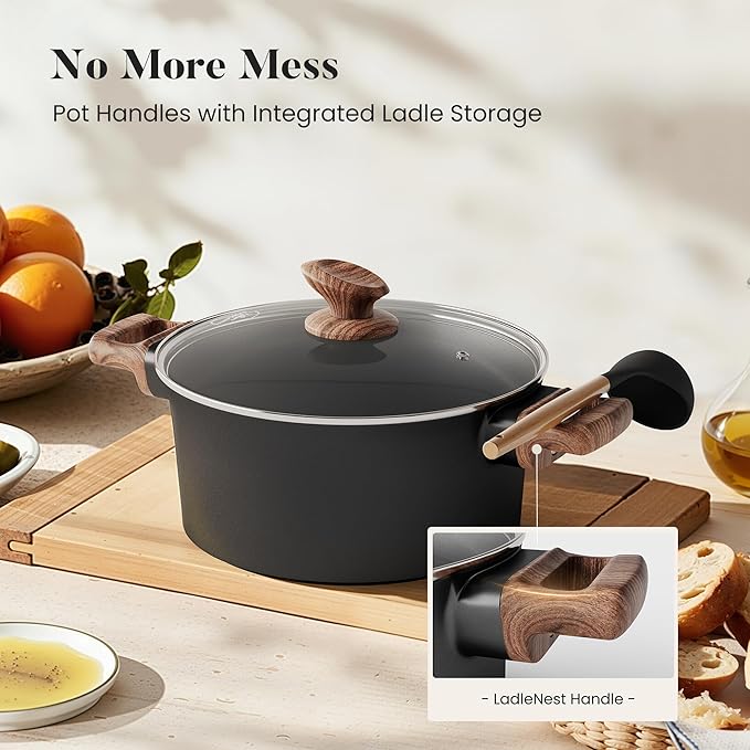 Kitchen Academy Ceramic Pots and Pans Set Non Stick - 10 Pcs Induction Cookware Set Non Toxic Healthy Nonstick Black Cooking Pans Set PFAS/PTFE/PFOA &amp PFOS Free